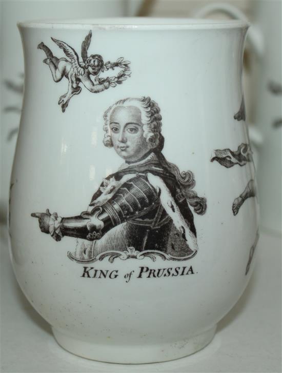 A Worcester black printed King of Prussia baluster mug, dated 1757, 4.6in.